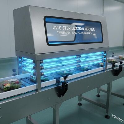 Modulair op de transportband gemonteerd UV-C sterilisatiemodule voor transparante voedselverpakkingslijnen
