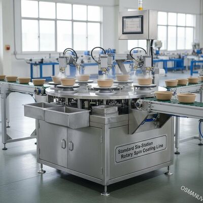 Standaard zes-station roterende spin coating line voor gevormde pulp interne barrière coating