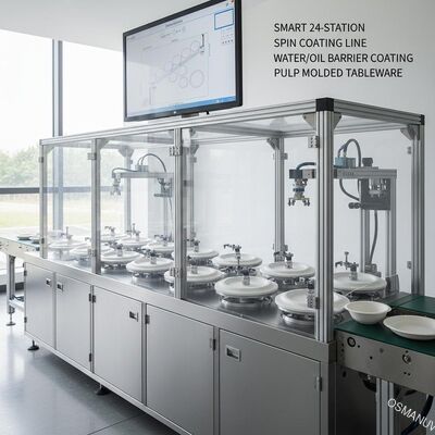 Slimme 24-station spincoatinglijn voor water/oliebarrièrecoating van pulpgevormd serviesgoed
