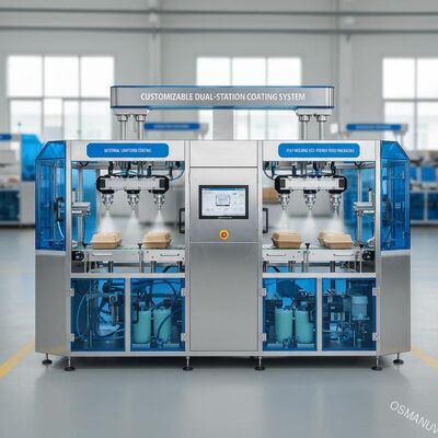 Aanpasbaar dubbelstation coating systeem. Voor interne uniforme coating van pulp moulding milieuvriendelijke voedselverpakkingen.