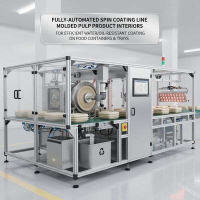 Volledig geautomatiseerde spincoatinglijn voor interieurs van gevormde pulp producten | Voor efficiënte water-/oliebestendige coating op voedselcontainers & -trays