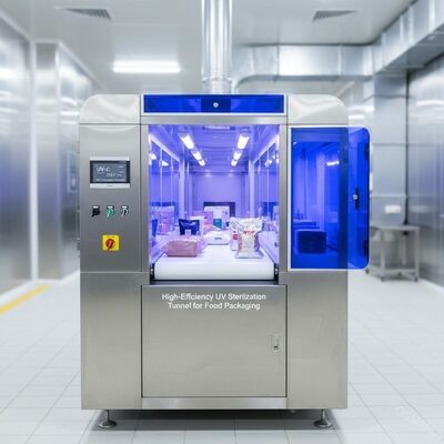 Hoog-efficiënte UV sterilisatietunnel UV-C (253,7 nm) voor voedselverpakkingen. 99,9% pathogeen eliminatie.
